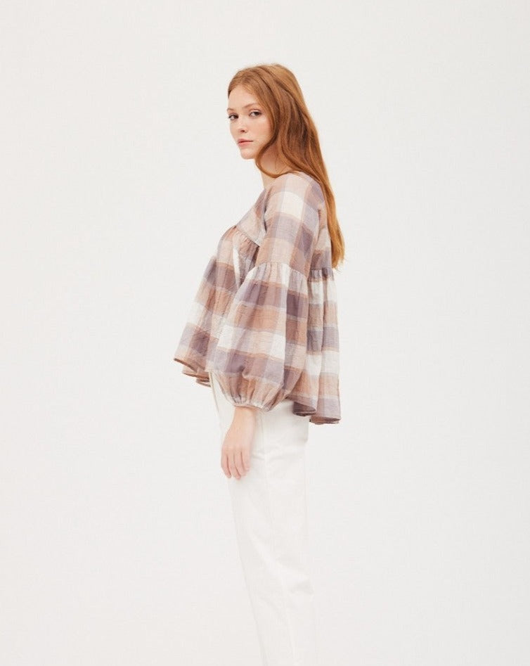 Plaid Balloon Sleeve Blouse