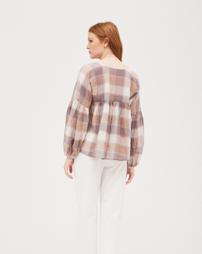 Plaid Balloon Sleeve Blouse