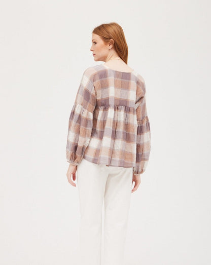 Plaid Balloon Sleeve Blouse